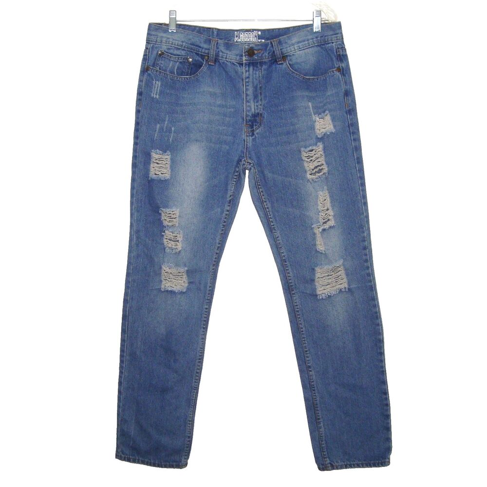M. GORDON Mens Distressed Medium Wash Denim Blue Jeans Size 36x32